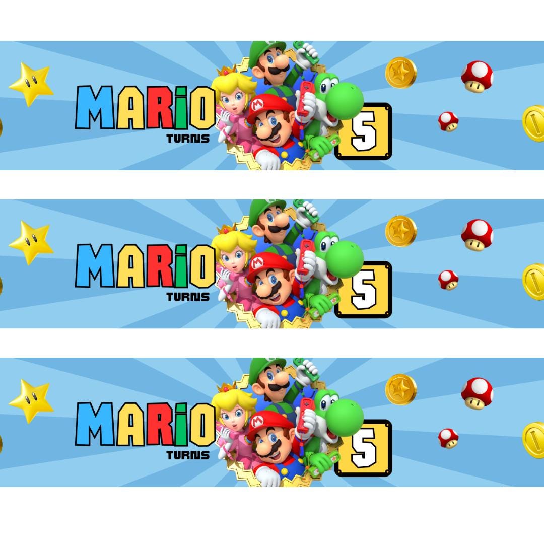 Super Mario Water Bottle Labels – Personalized Birthday Party Decorations – Custom Mario Bros Party Favors (8oz & 16.9oz)